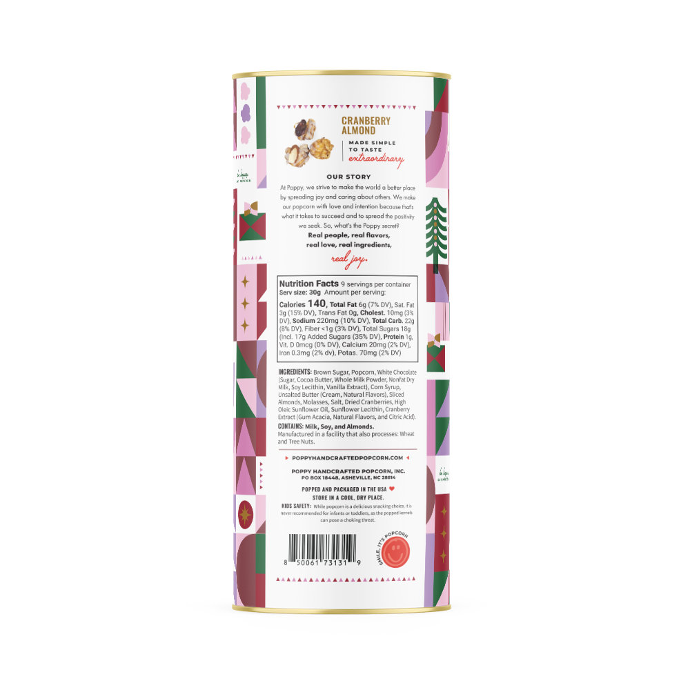 Poppy Hand-Crafted Popcorn - Cranberry Almond Cylinder Holiday Popcorn