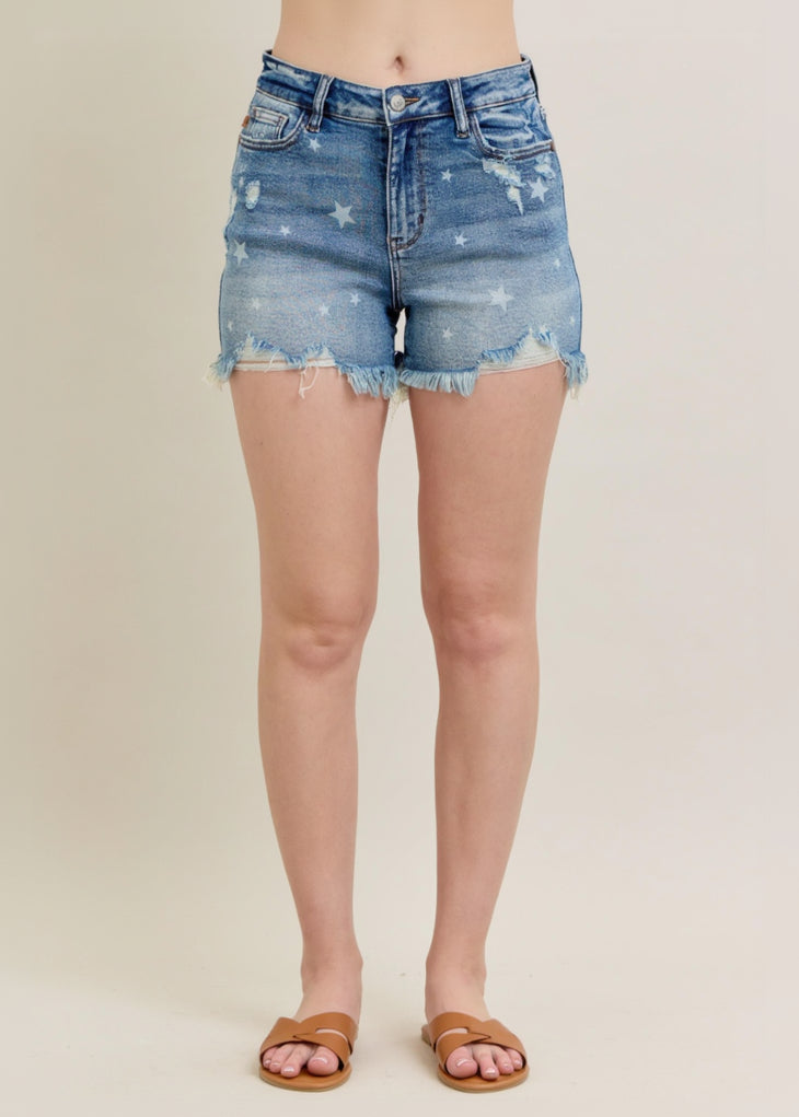 Star Print Cut Off Destroyed Denim Shorts