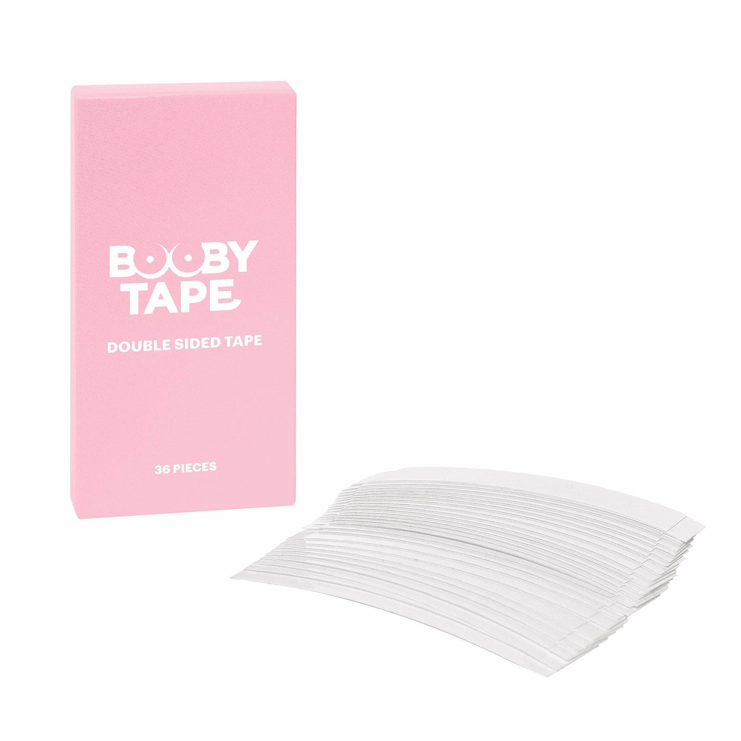 Pink packaging of Booby Tape with white tapes on a white background