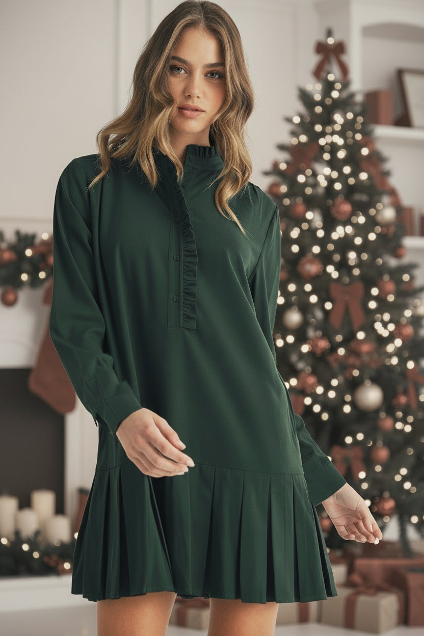 Pleated Hem Solid Shift Dress