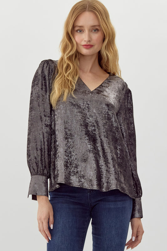 Black Metallic Long Sleeve Top