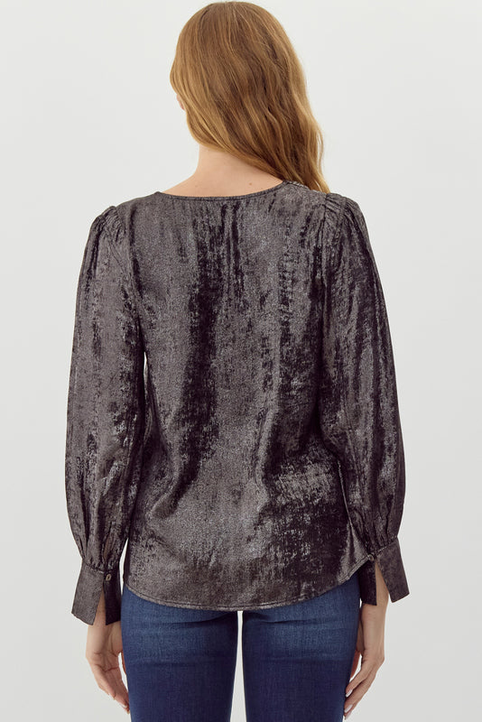 Black Metallic Long Sleeve Top