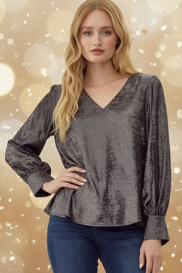 Black Metallic Long Sleeve Top