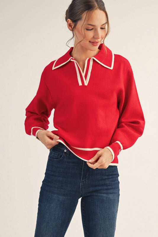 Red Collared Sweater Top