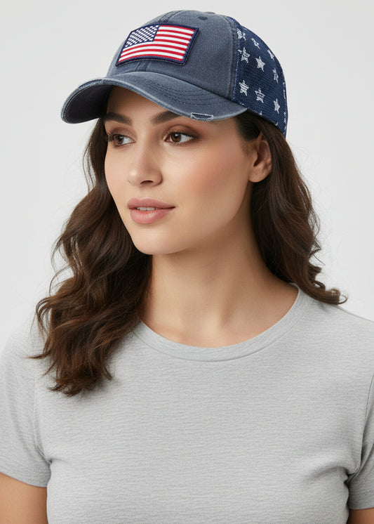 Blue cap with American flag patch and star patterns on a white background