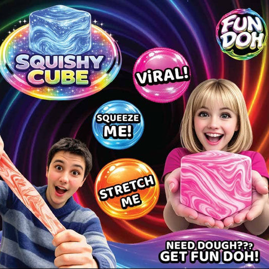 Promotional image of Fun Doh products with a boy and girl holding a pink and white swirl cube against a colorful background.