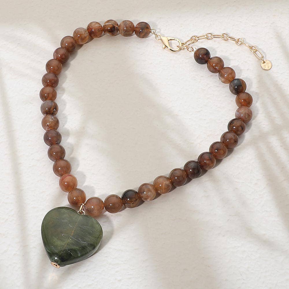 Chunky Marbled Resin Heart Charm Beaded Necklace