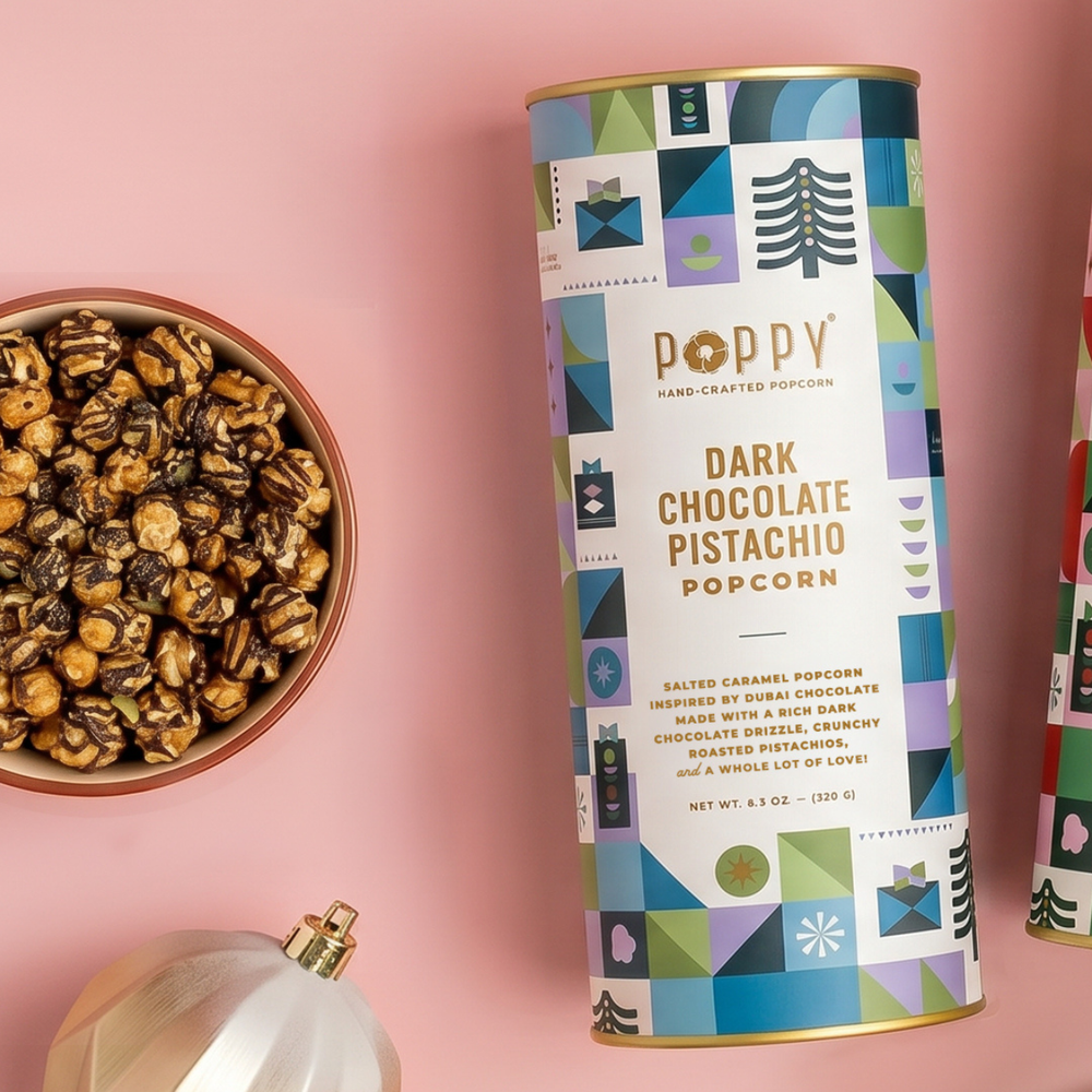 Poppy Hand-Crafted Popcorn - Dark Chocolate Pistachio Cylinder Holiday Popcorn