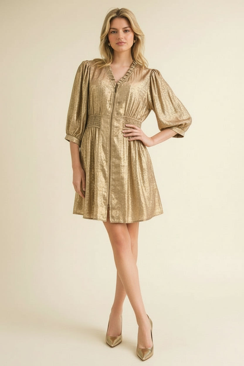 Gold Metallic Holiday Zip Up Dress