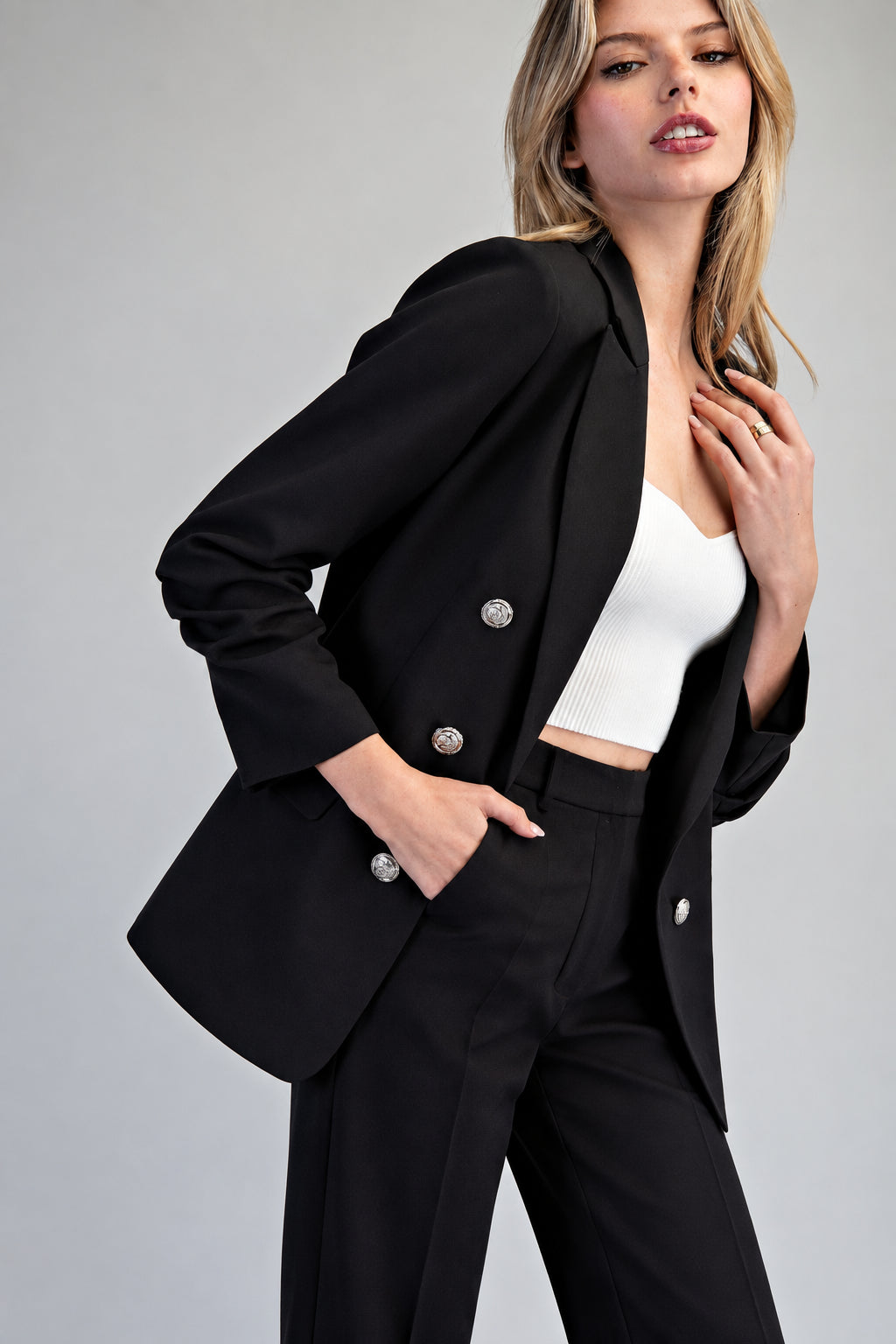 Solid Notched Collar Ruched Sleeve Blazer