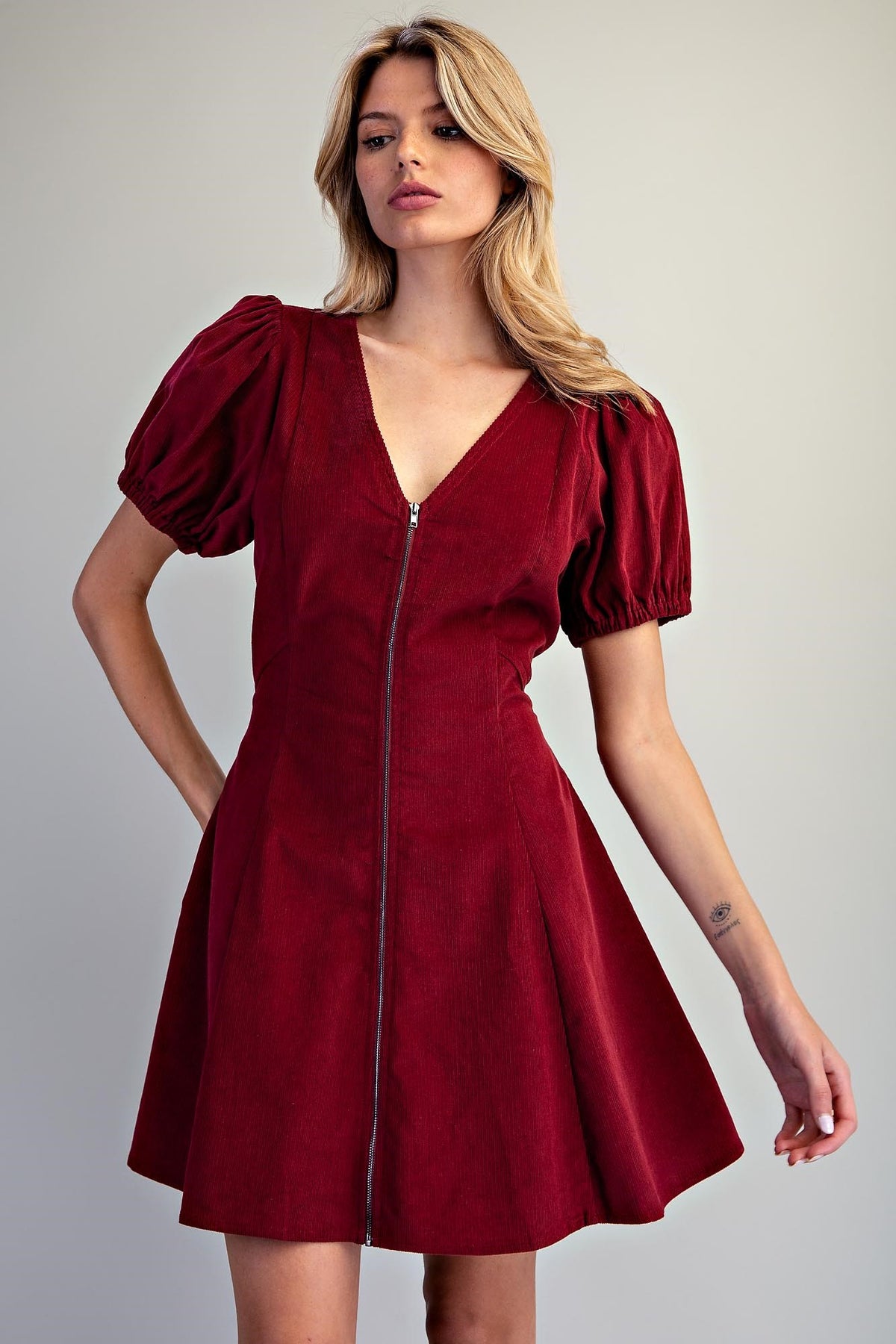Corduroy V-Neck Zip Front Dress