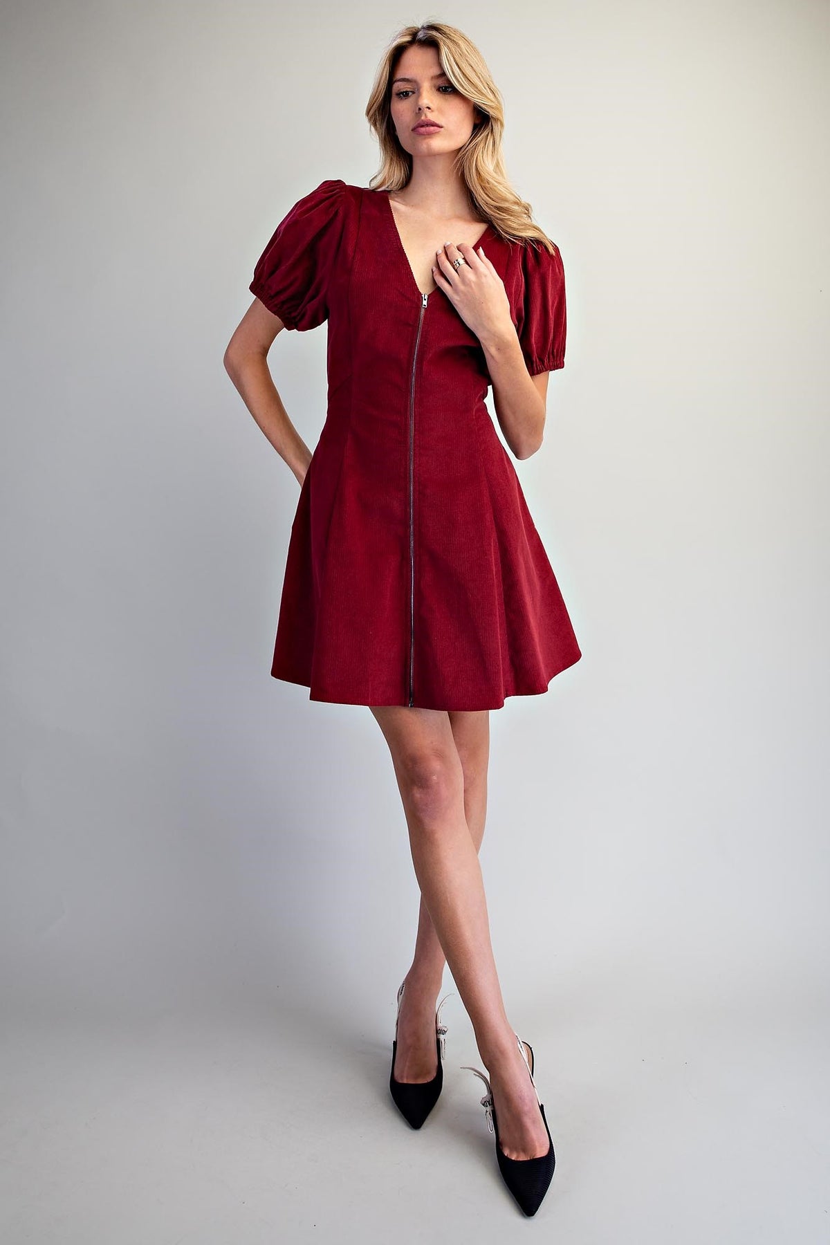 Corduroy V-Neck Zip Front Dress