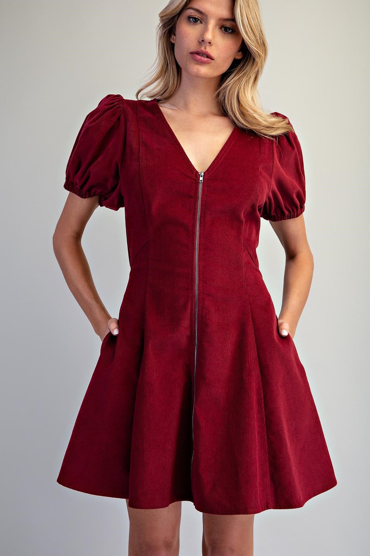 Corduroy V-Neck Zip Front Dress