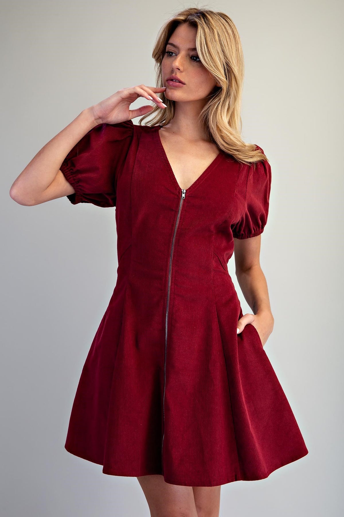 Corduroy V-Neck Zip Front Dress