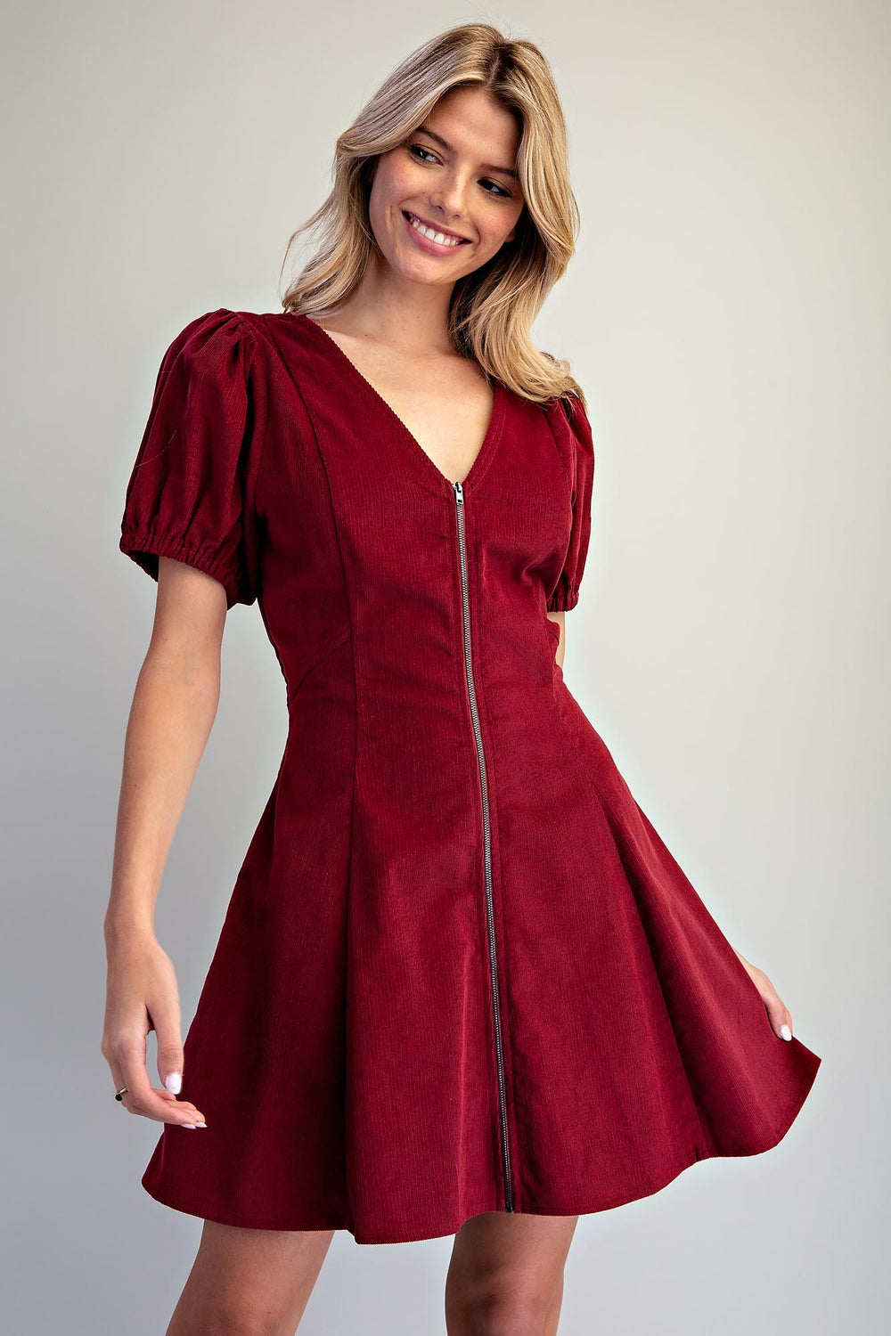 Corduroy V-Neck Zip Front Dress