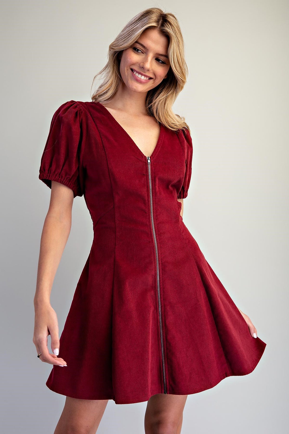 Corduroy V-Neck Zip Front Dress