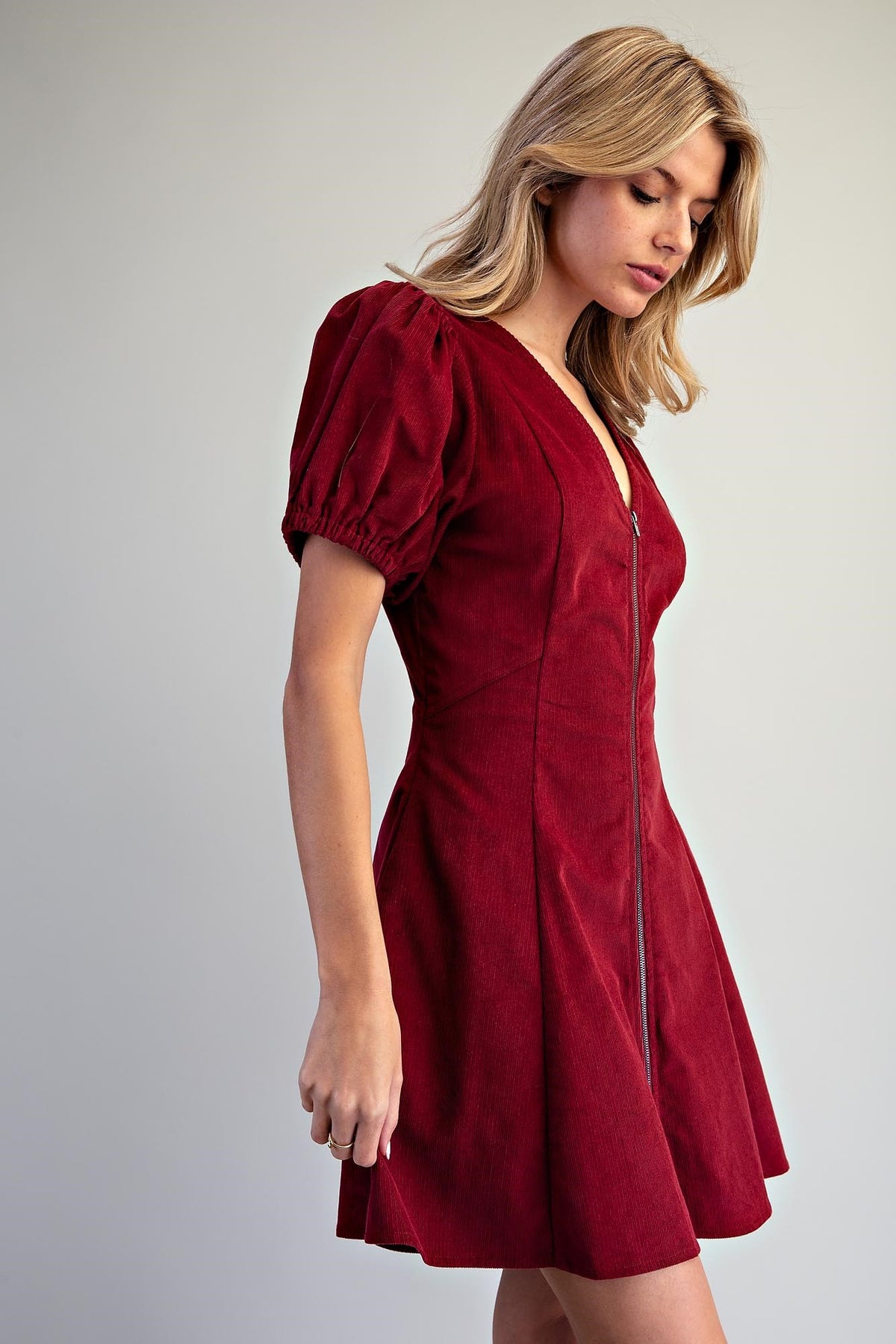 Corduroy V-Neck Zip Front Dress