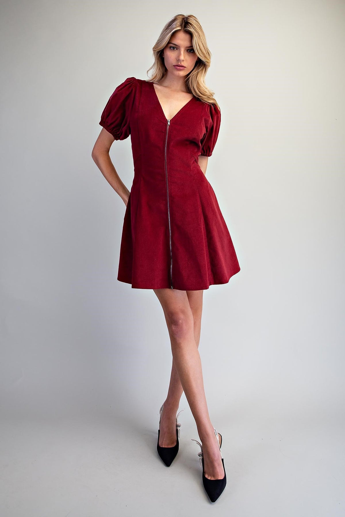 Corduroy V-Neck Zip Front Dress