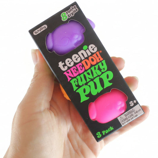 Hand holding a box of 'teenie needoh funky pup' with colorful text and a purple and pink toy on a white background.