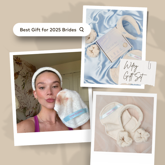 Woman using a face mask with text 'Best Gift for 2025 Brides' and product images on a beige background.