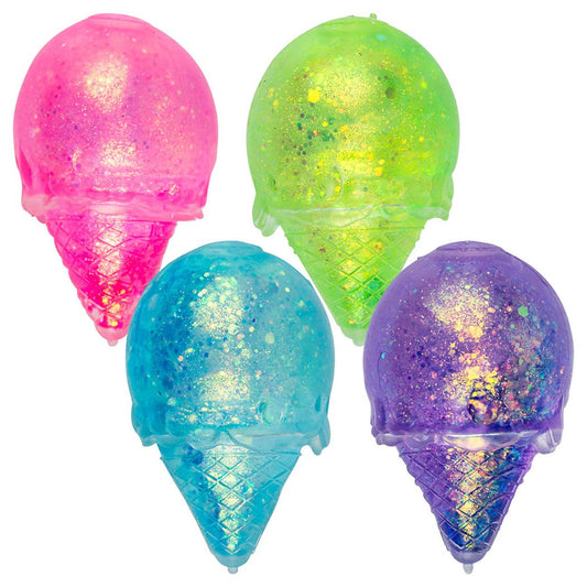 Four colorful glittery ice cream cones on a white background