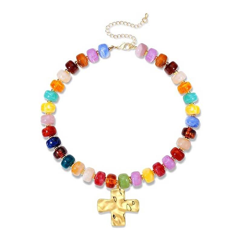 Flat Disc Bead Cross Pendant Necklace Adjustable Choker