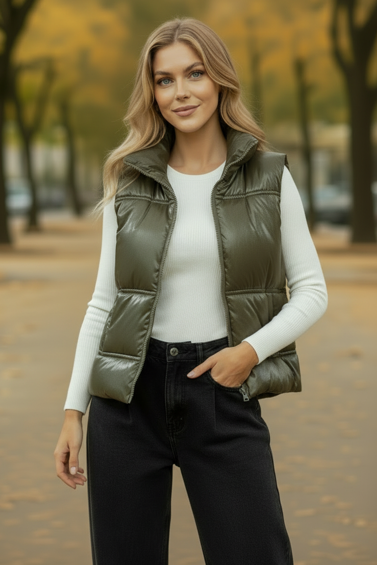 Woman wearing a green puffer vest over a white shirt and black pants, standing outdoors with trees in the background.