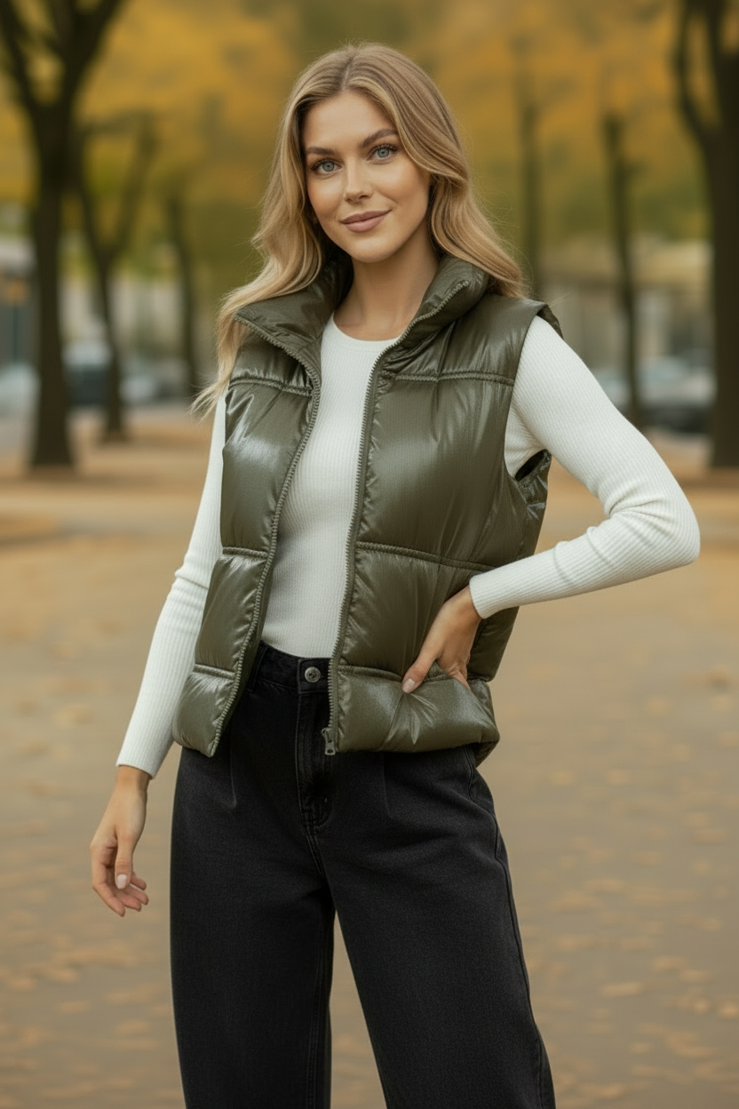 Woman wearing a green puffer vest over a white shirt with a blurred autumn background