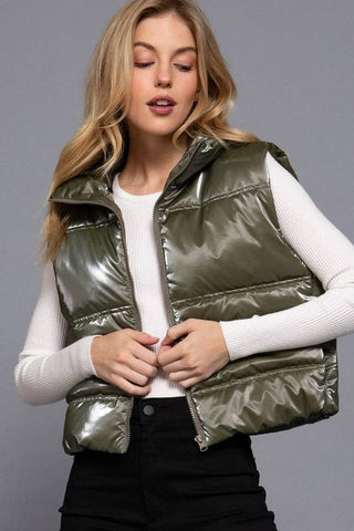 High Neck Zip Up Vest Olive