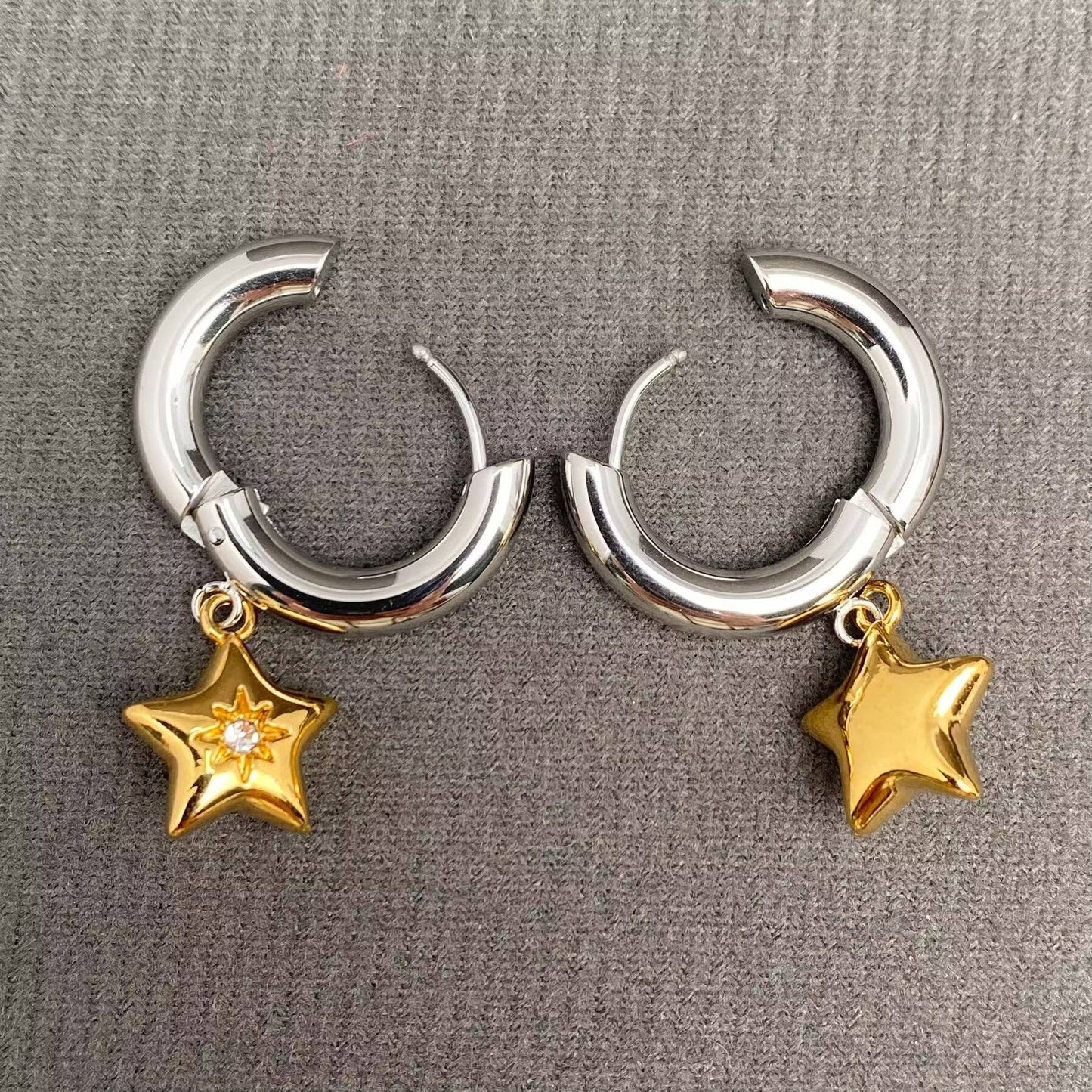 CZ Inlaid Star Two Tone 18K Golden SS Huggie Earrings