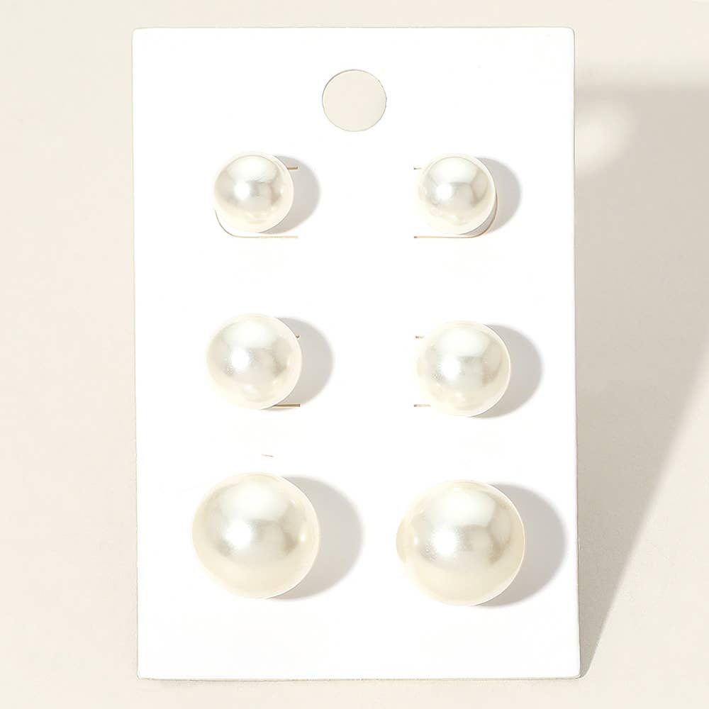 3 Pairs - Pearl Stud Earring Set