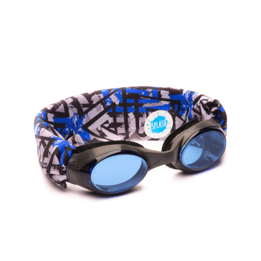 Swimming goggles with a patterned strap on a white background