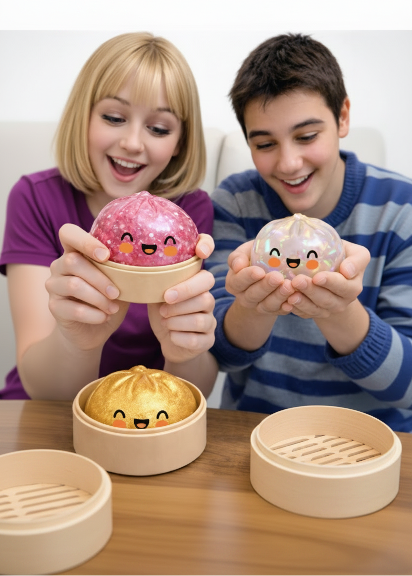 Two children holding Fun Doh toys with a pink, gold, and white toy on a table.