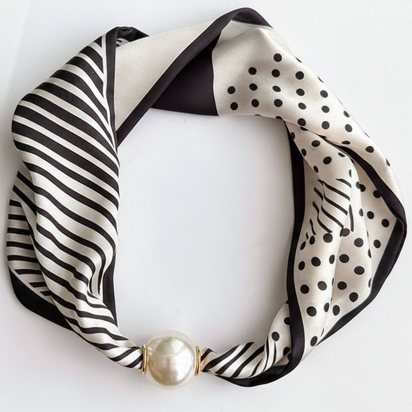 Silky Print Scarf Necklace with Magnetic Pearl Clasp
