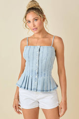 Denim Pleated Peplum Tank