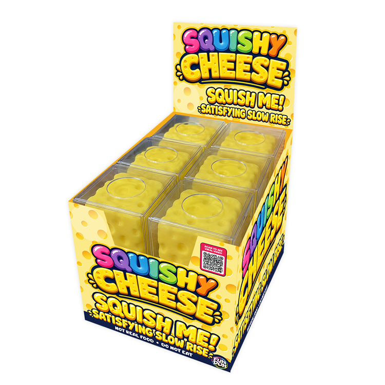 Box of Squishy Cheese toys with yellow cheese-like packaging on a white background