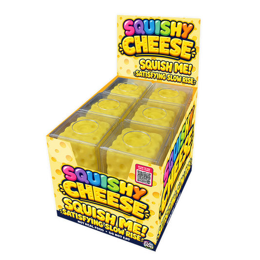 Box of Squishy Cheese toys with yellow cheese-like packaging on a white background