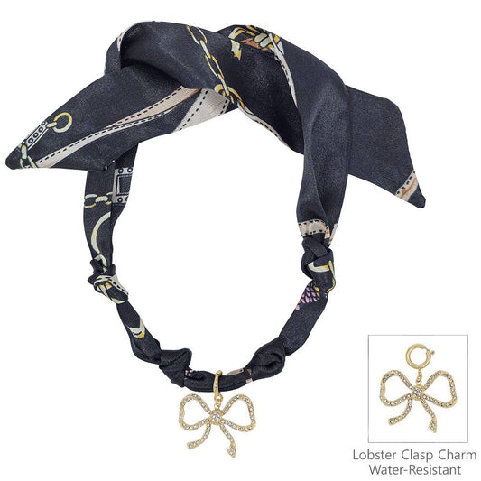 Black Knotted Scarf Necklace with Rhinestone Bow Charm