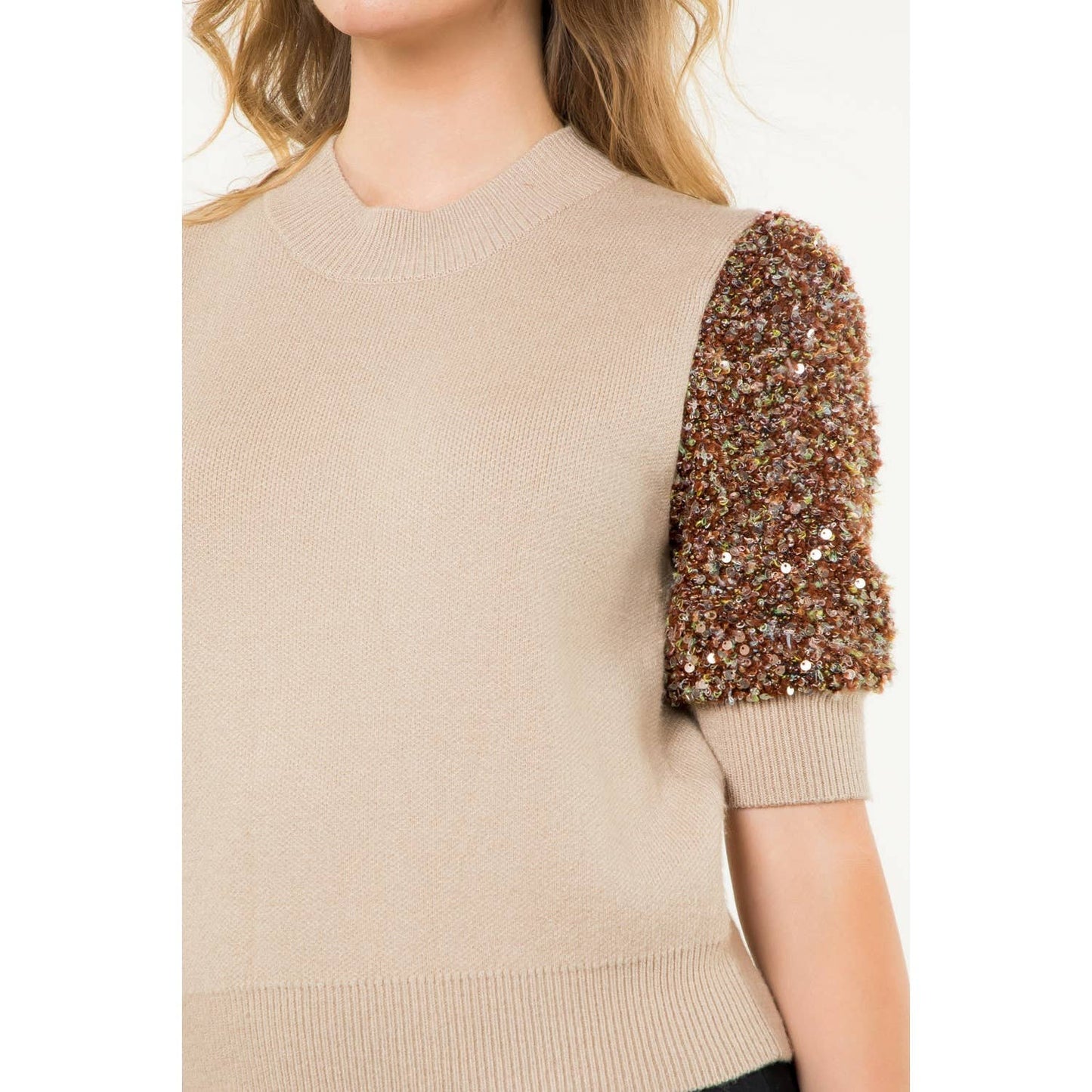 Sequin Sleeve Knit Top