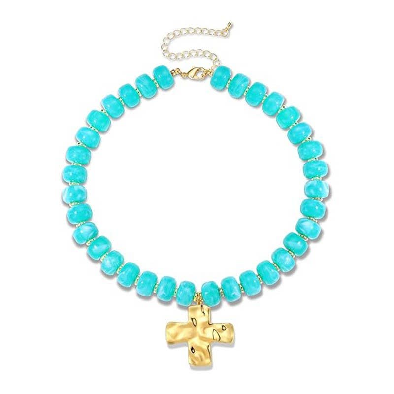 Flat Disc Bead Cross Pendant Necklace Adjustable Choker