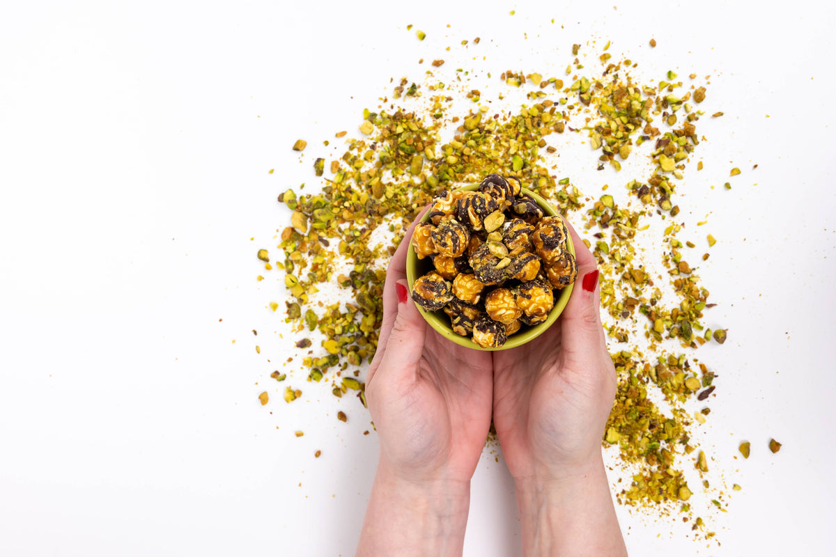 Poppy Hand-Crafted Popcorn - Dark Chocolate Pistachio Cylinder Holiday Popcorn