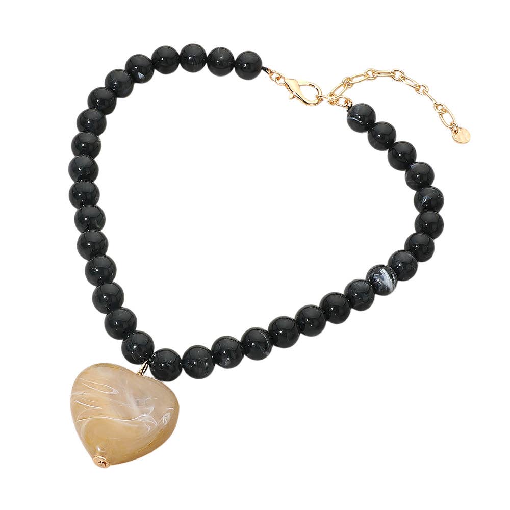 Chunky Marbled Resin Heart Charm Beaded Necklace