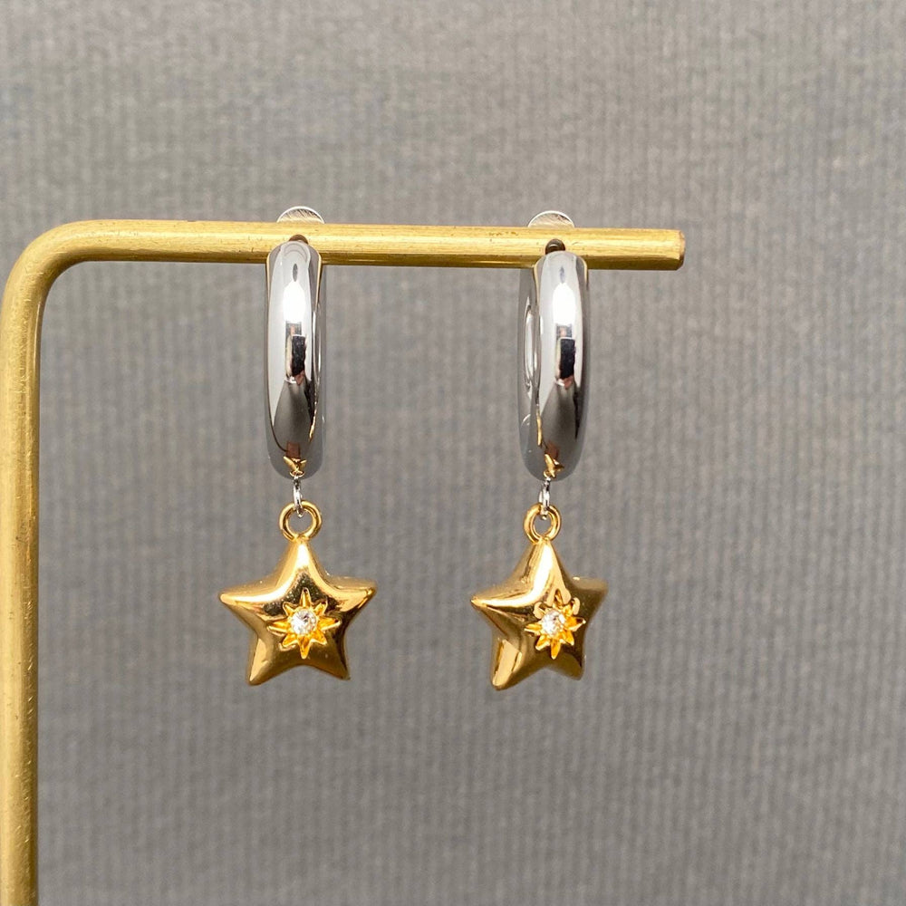 CZ Inlaid Star Two Tone 18K Golden SS Huggie Earrings