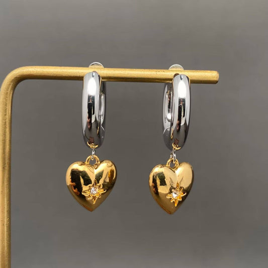 CZ Inlaid Heart Two Tone 18K Golden Huggie Earrings