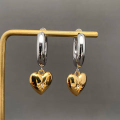 CZ Inlaid Heart Two Tone 18K Golden Huggie Earrings