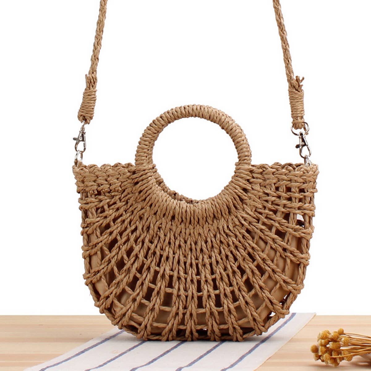 Semi-Circle Hollow Rattan Hand Bag