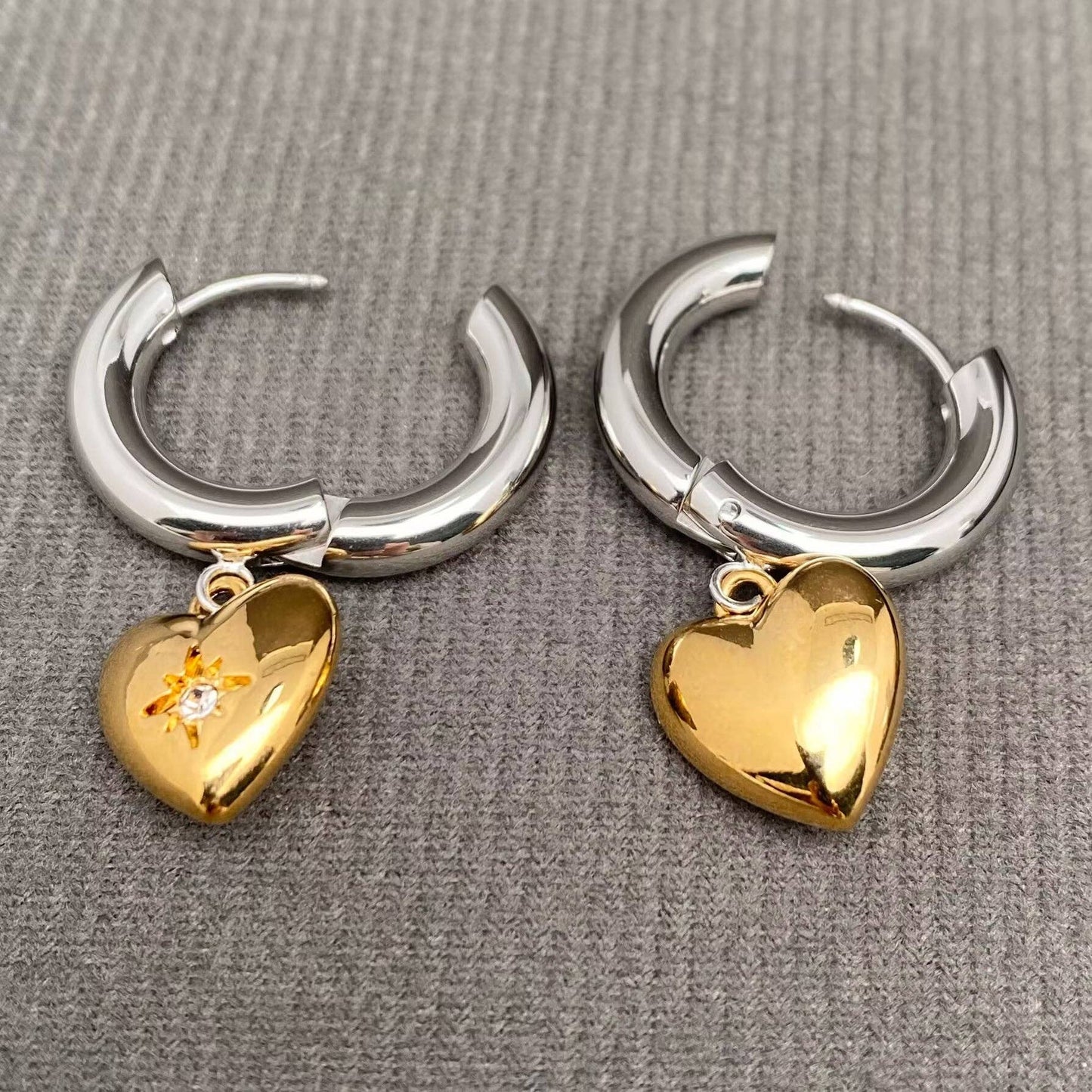 CZ Inlaid Heart Two Tone 18K Golden Huggie Earrings