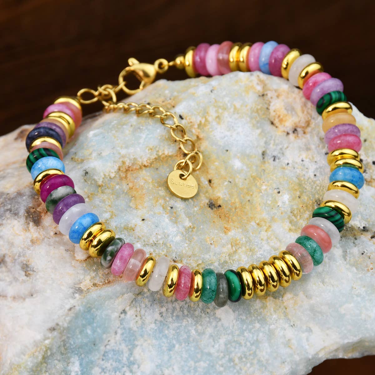 Boho Colorful Stone Beaded Gold Accent Bracelet
