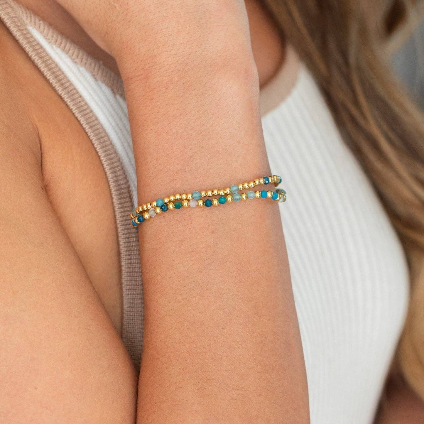 3mm Bead And Stone Stretch Bracelets