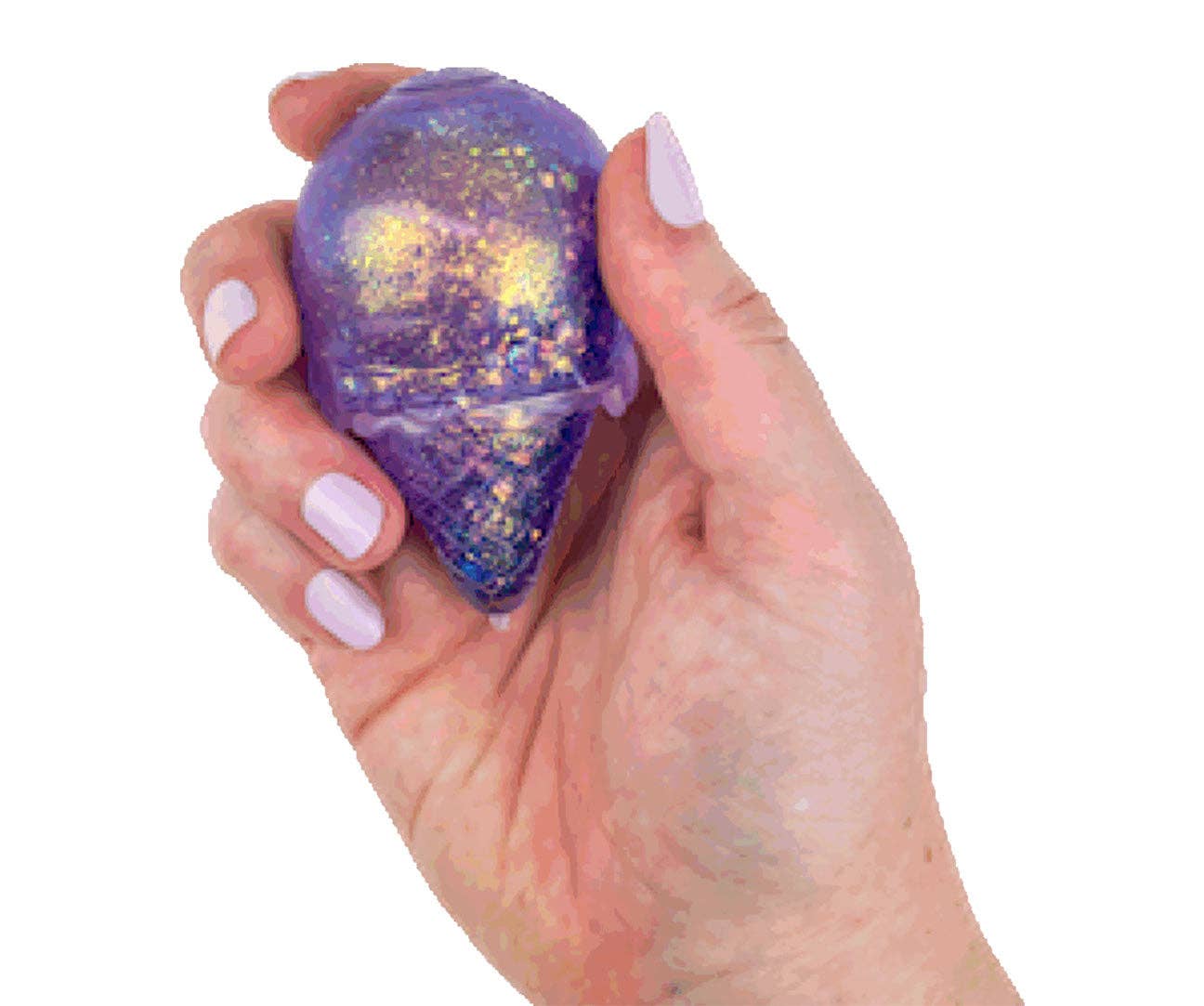 Hand holding a purple glittery ball against a white background